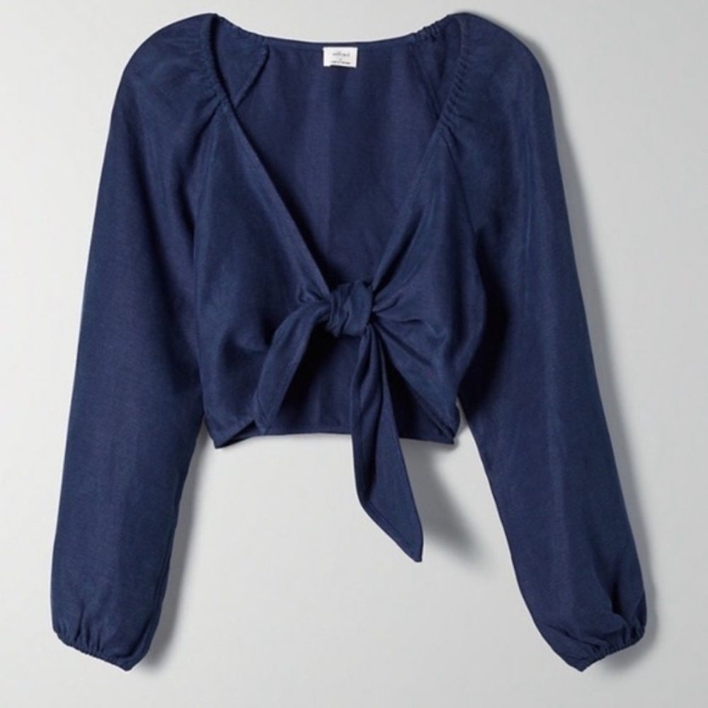 Aritzia Wilfred Linen Tie-Front Crop Top Blouse XS - Navy Blue